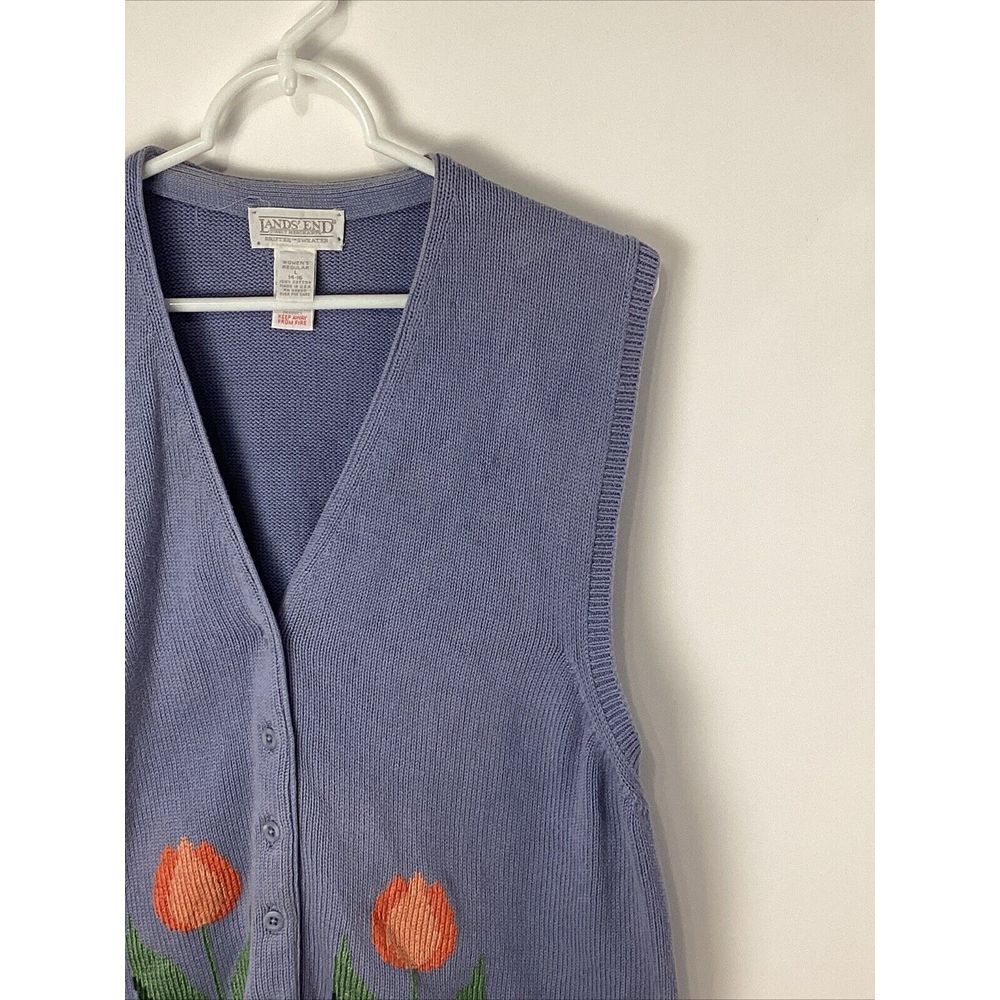 Lands End Direct Merchant Womens Large Drifter Sweater Blue Peach Tulips Usa